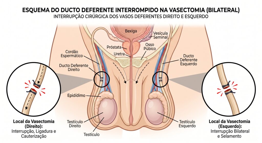 Esquema anatômico da vasectomia, mostrando os dois ductos deferentes interrompidos