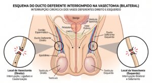 Esquema anatômico da vasectomia, mostrando os dois ductos deferentes interrompidos
