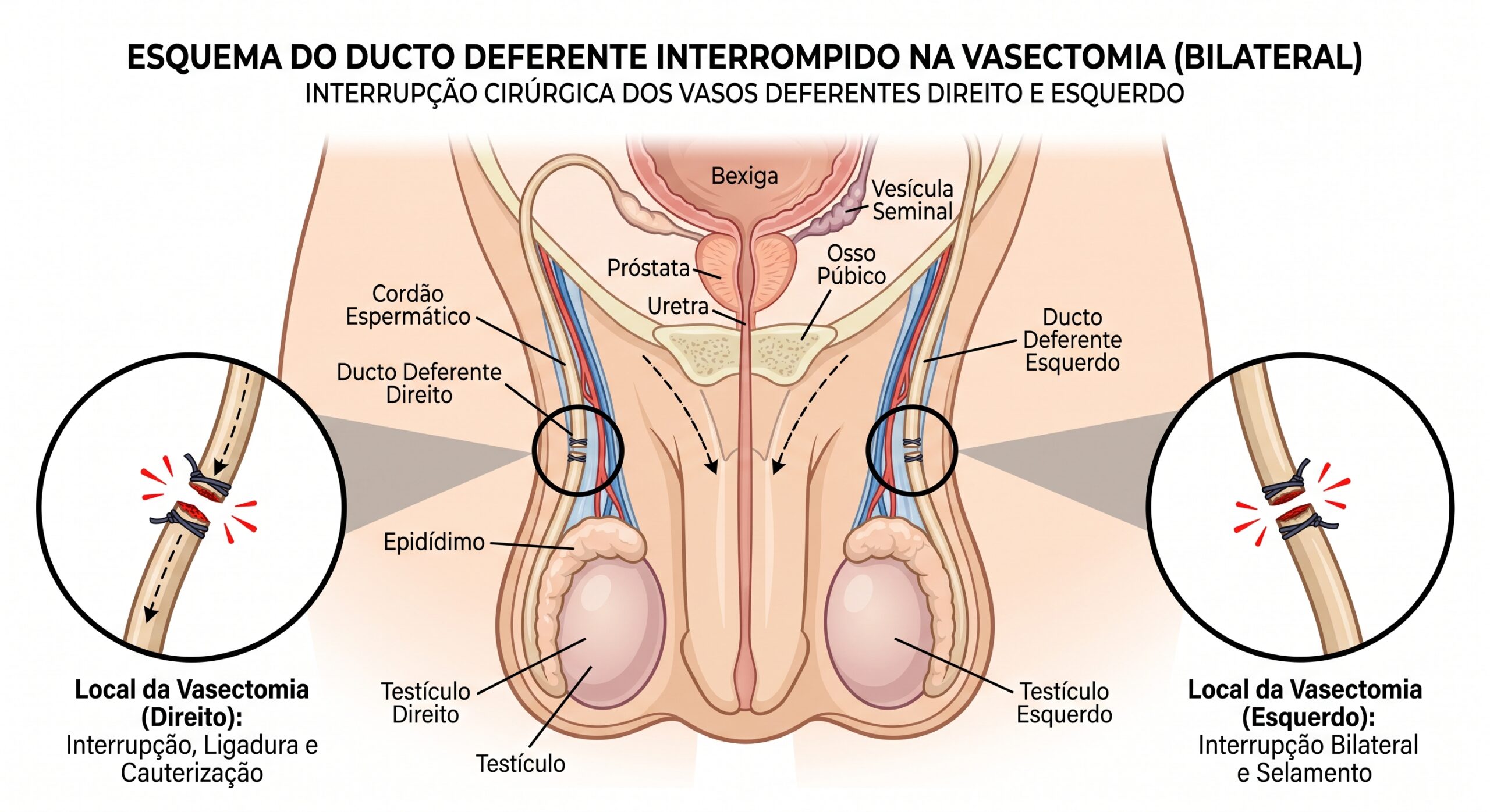 Esquema anatômico da vasectomia, mostrando os dois ductos deferentes interrompidos
