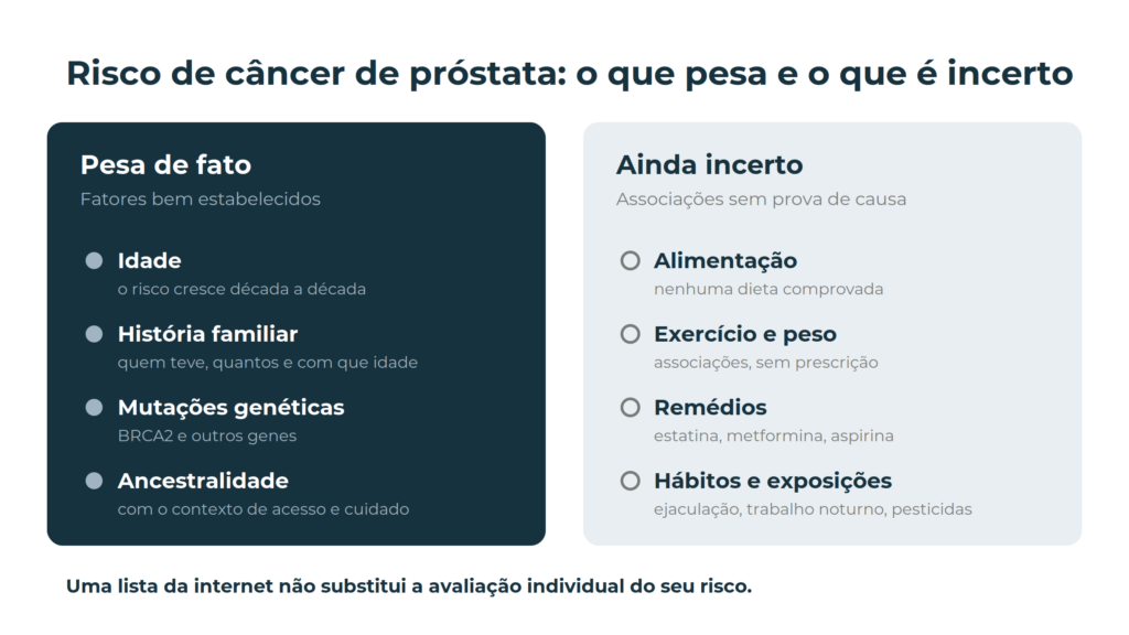 Risco de câncer de próstata: o que pesa de fato (idade, história familiar, mutações genéticas, ancestralidade) e o que ainda é incerto (alimentação, exercício e peso, remédios, hábitos e exposições)