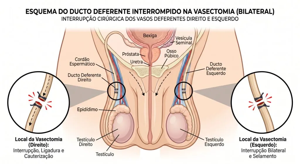 Esquema anatômico da vasectomia, mostrando os dois ductos deferentes interrompidos