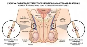Esquema anatômico da vasectomia, mostrando os dois ductos deferentes interrompidos