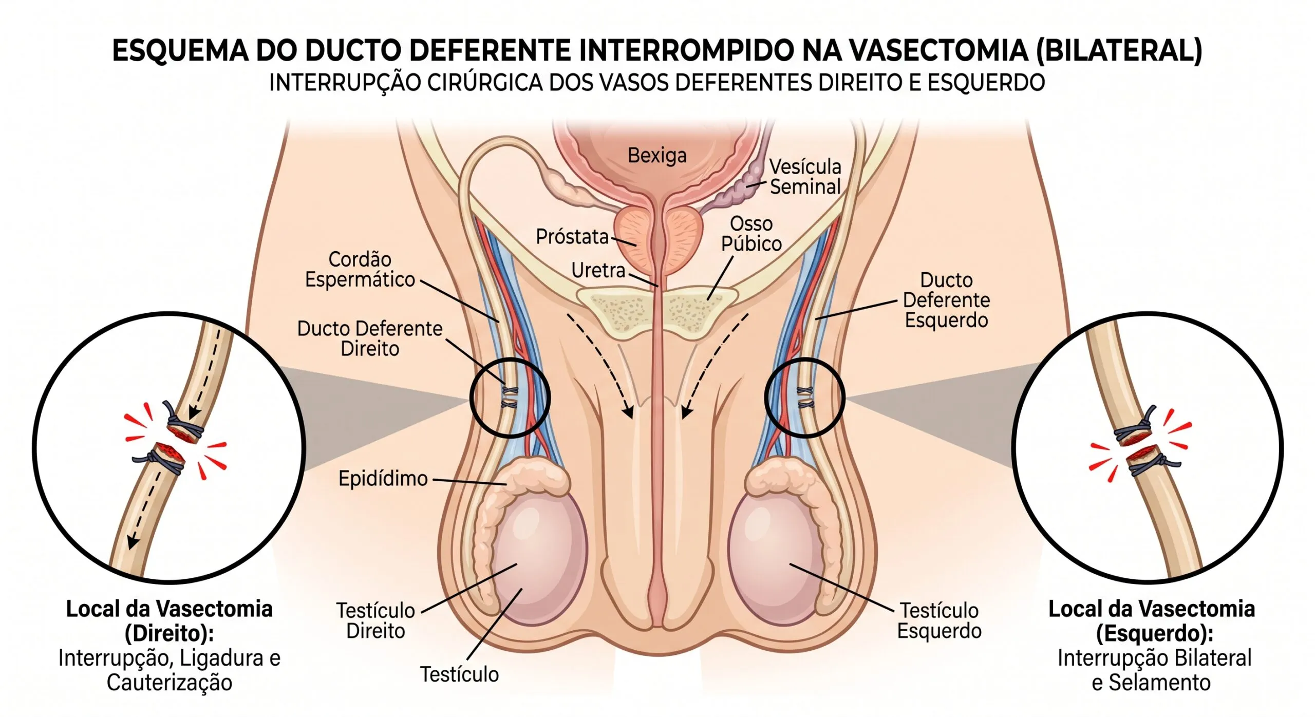 Esquema anatômico da vasectomia, mostrando os dois ductos deferentes interrompidos